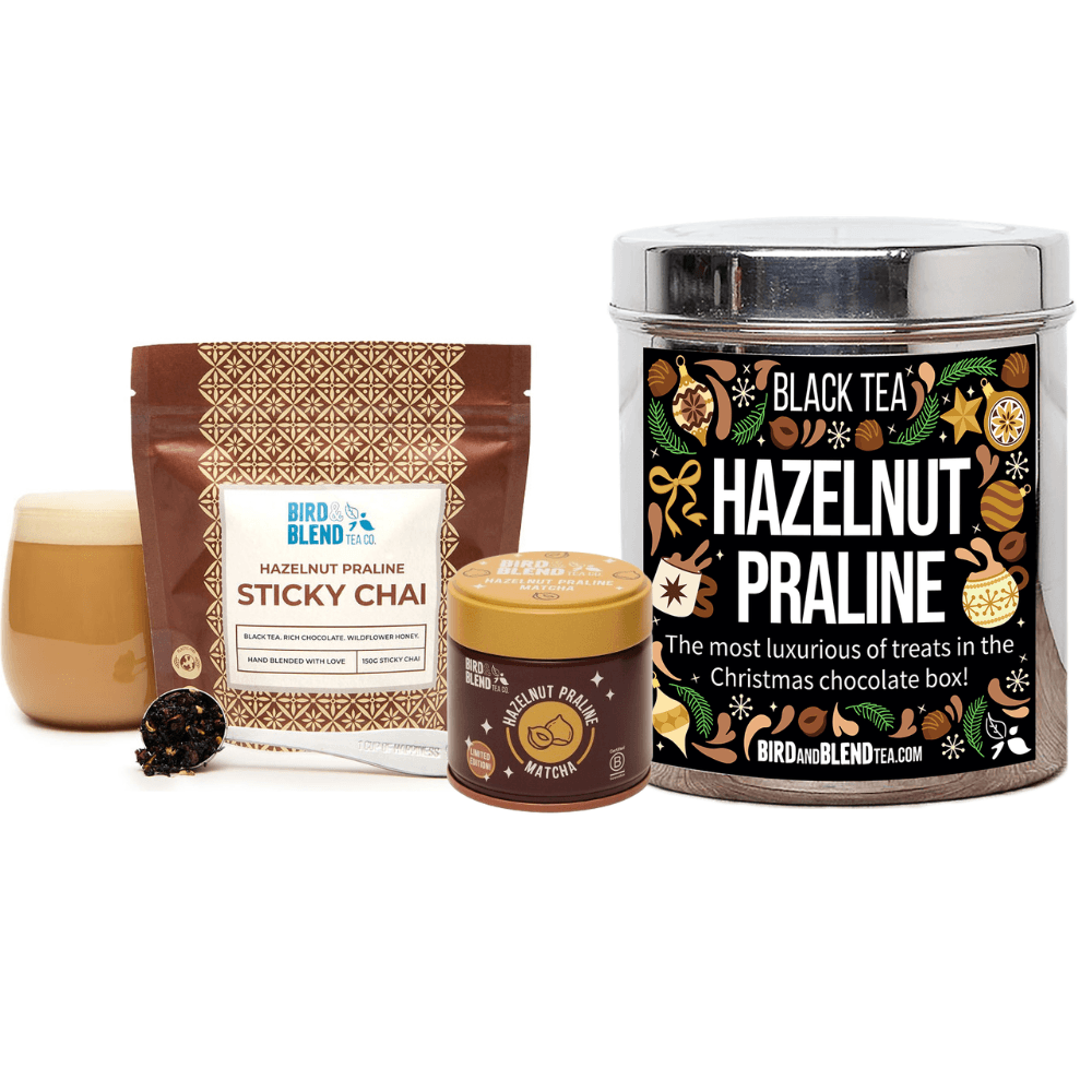 hazelnut praline sticky chai pouch and hot tea latte