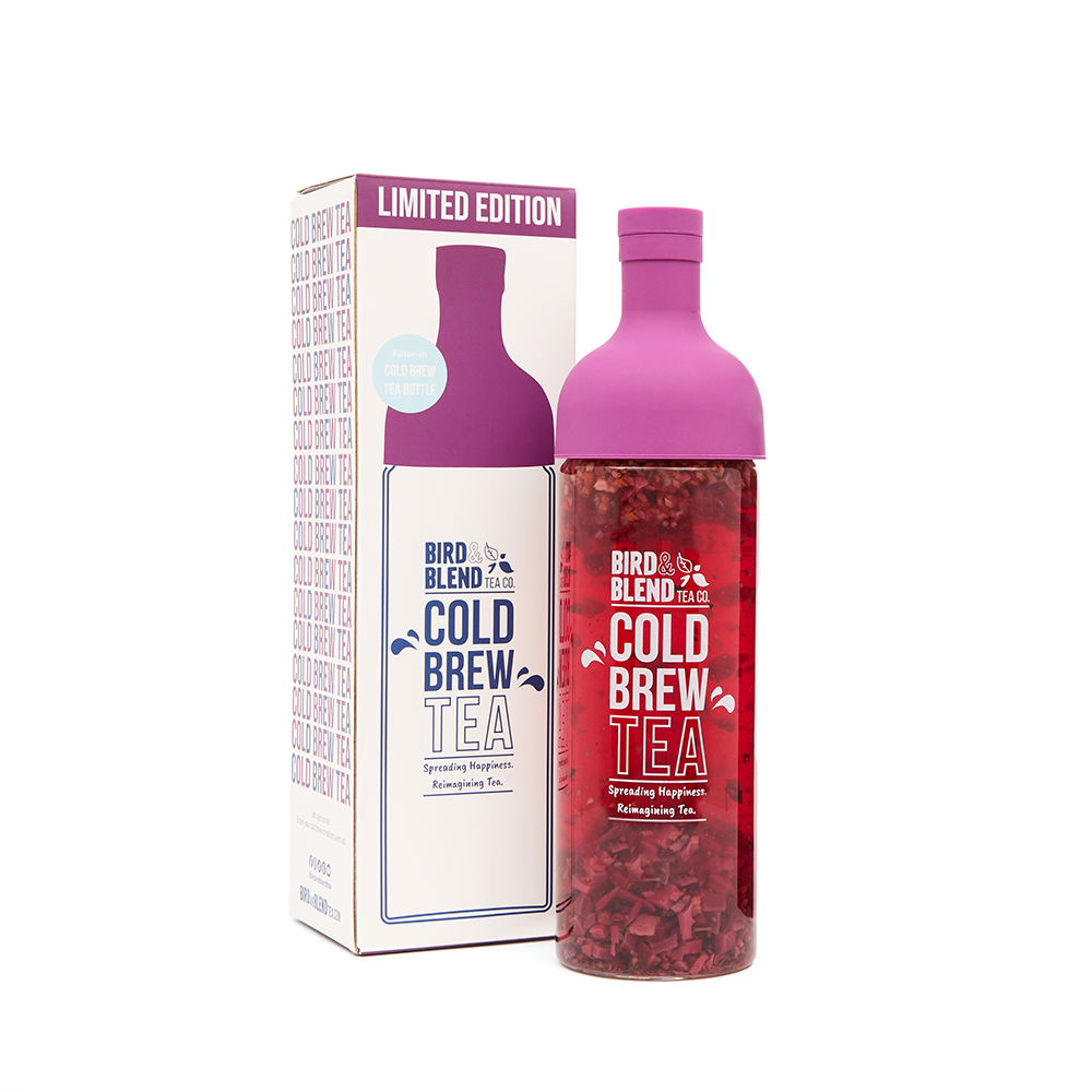 plum purple cold brew tea bottle filled & cold brew tea bottle box