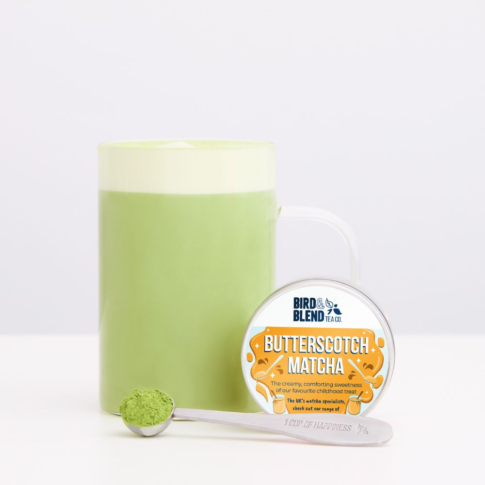 butterscotch matcha tin with drink