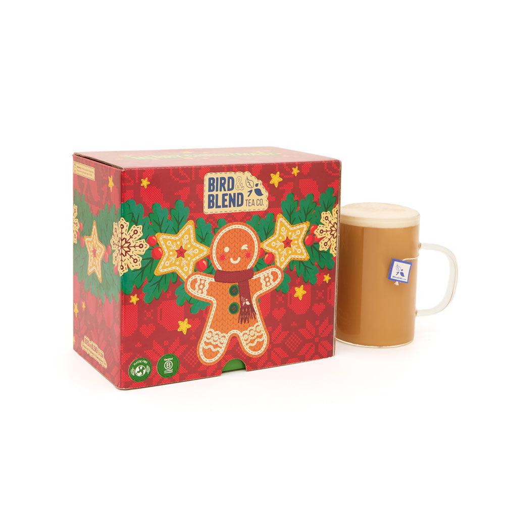 christmas tea bag selection box with hot tea