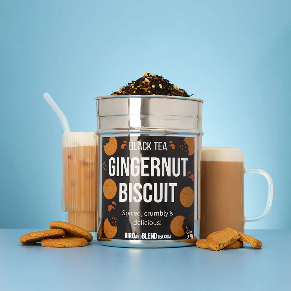 gingernut biscuit hot & iced tea latte & custom tea tin with loose leaf tea & gingernut biscuits