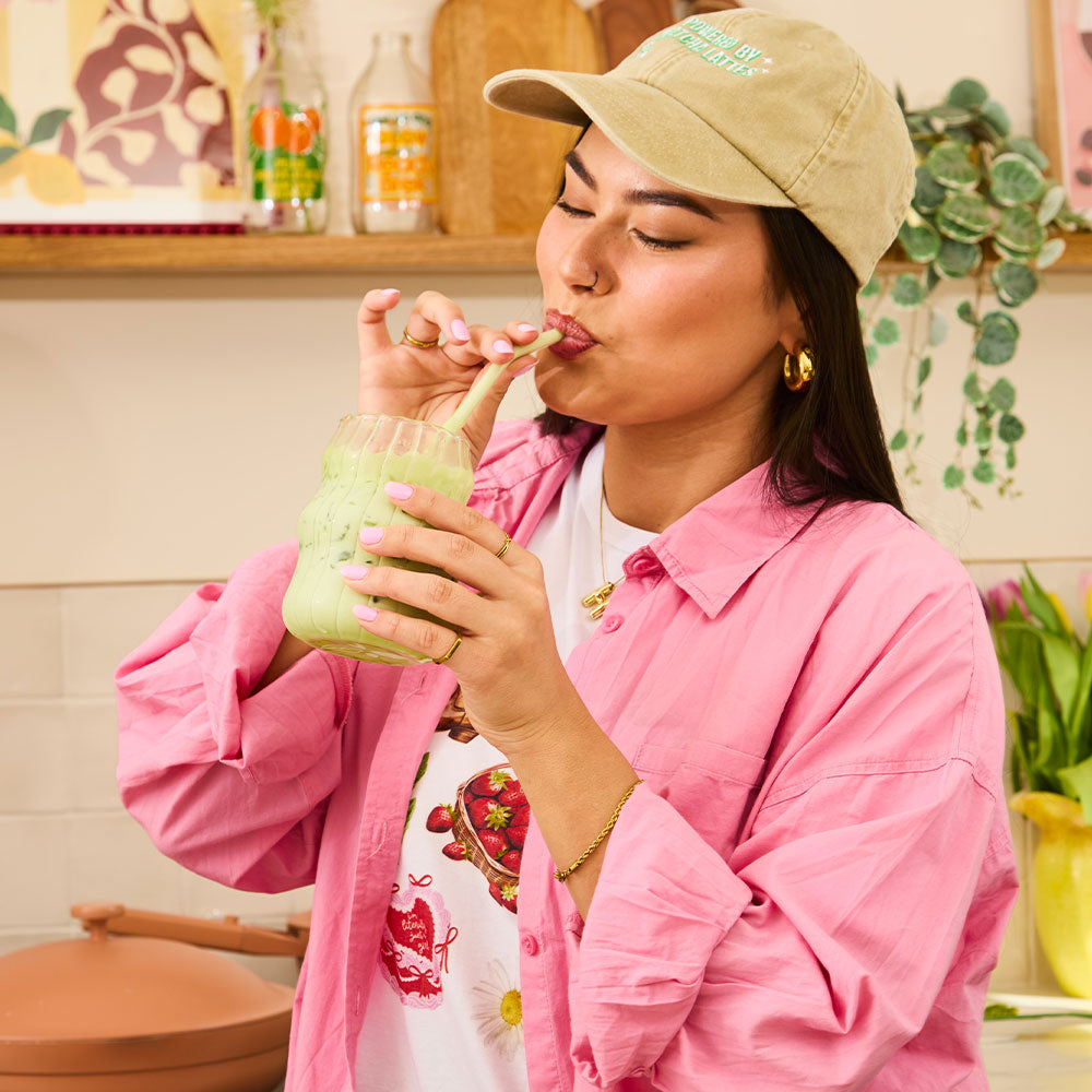 iced matcha drinking in kitchen