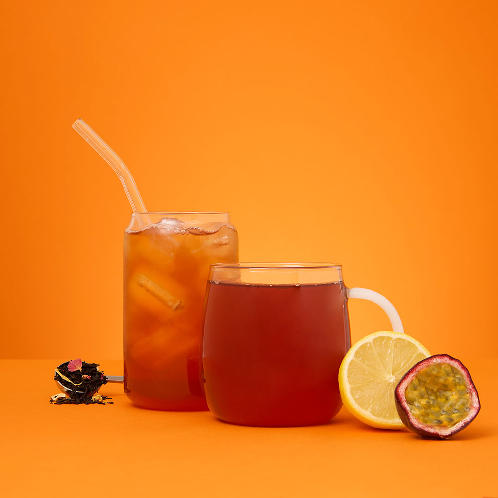 island sunrise black iced & hot tea & spoon with loose leaf in it