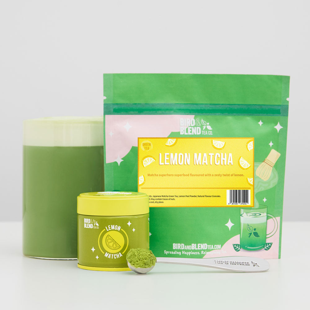 lemon matcha tin with pouch and hot matcha