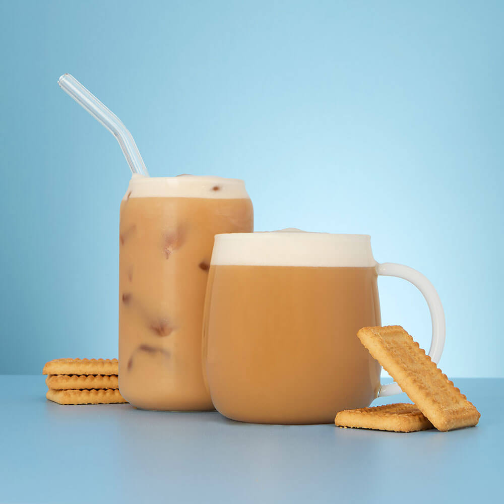 malted milk biscuit & malted milk hot & iced tea latte in cup & mug