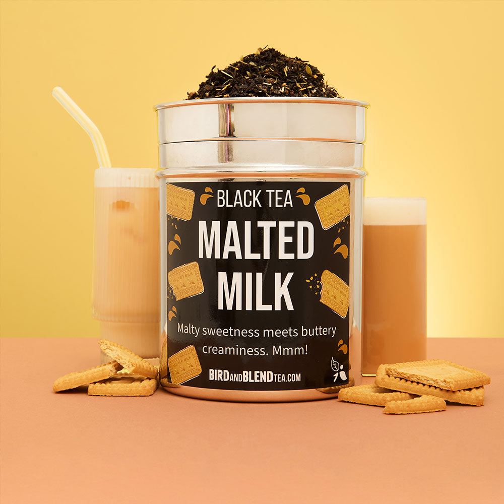 malted milk tea tin with hot and cold brews