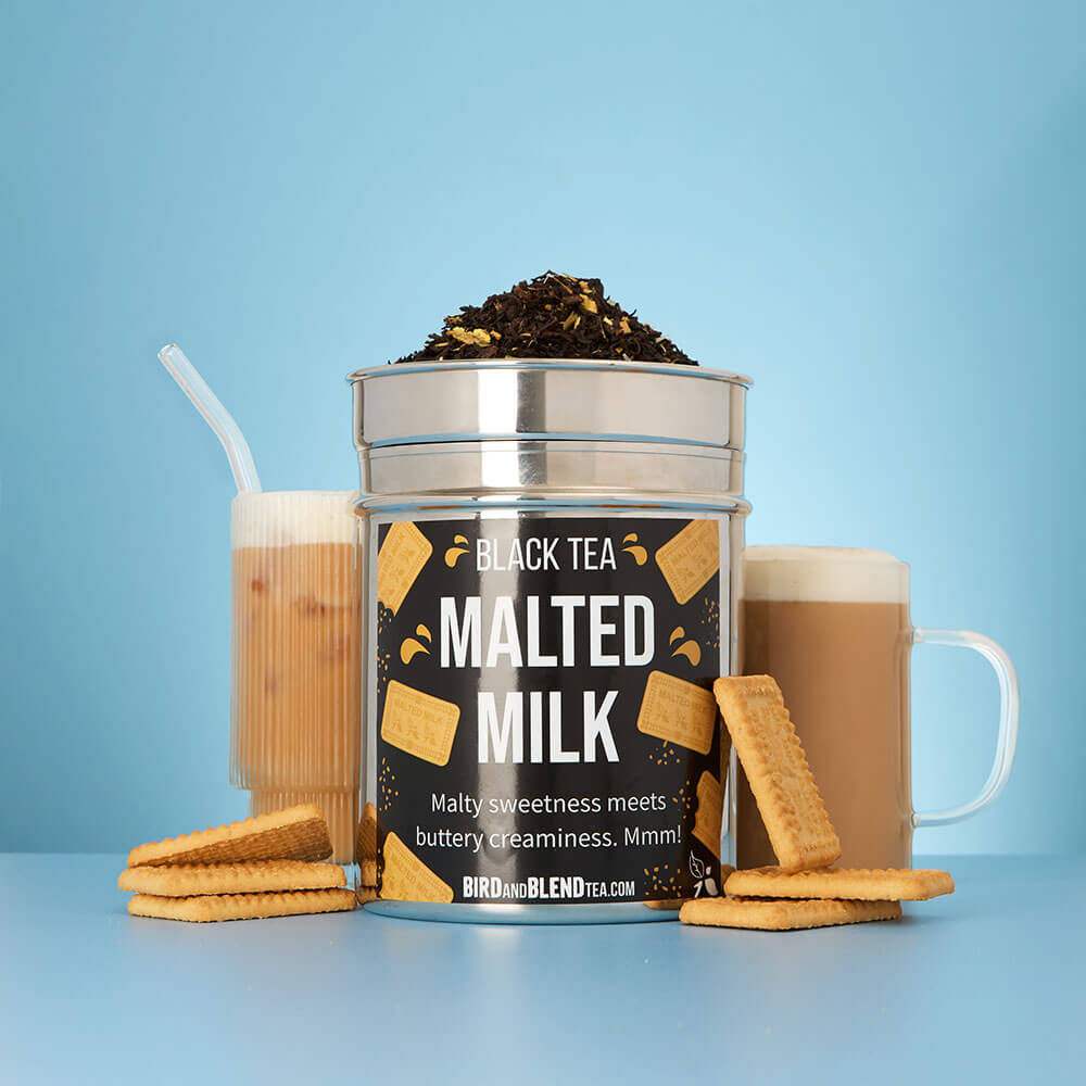 malted milk biscuit & malted milk hot & iced tea latte in cup & mug & malted milk loose leaf custom tea tin