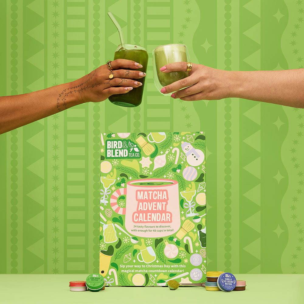 Matcha Advent Calendar & Tins & People Cheersing Matcha