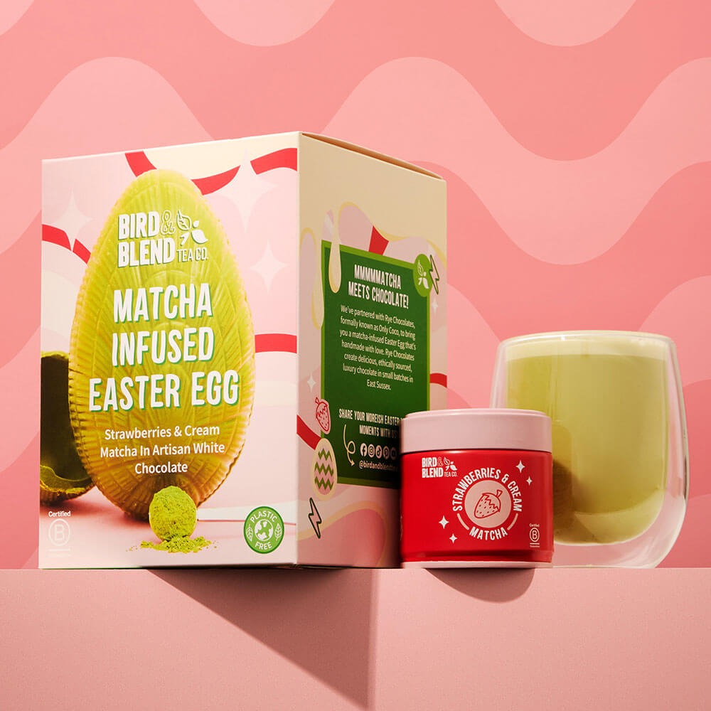 strawberries and cream matcha tea and matcha easter egg