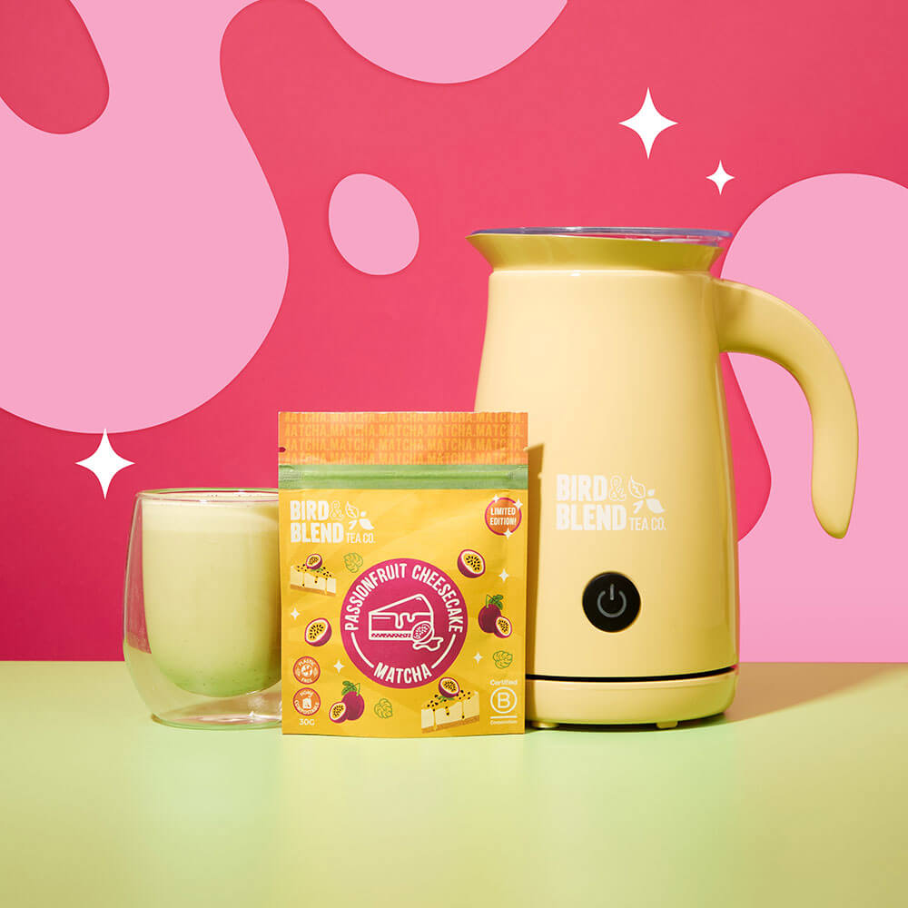 passionfruit cheese matcha latte with matcha latte magic whisk