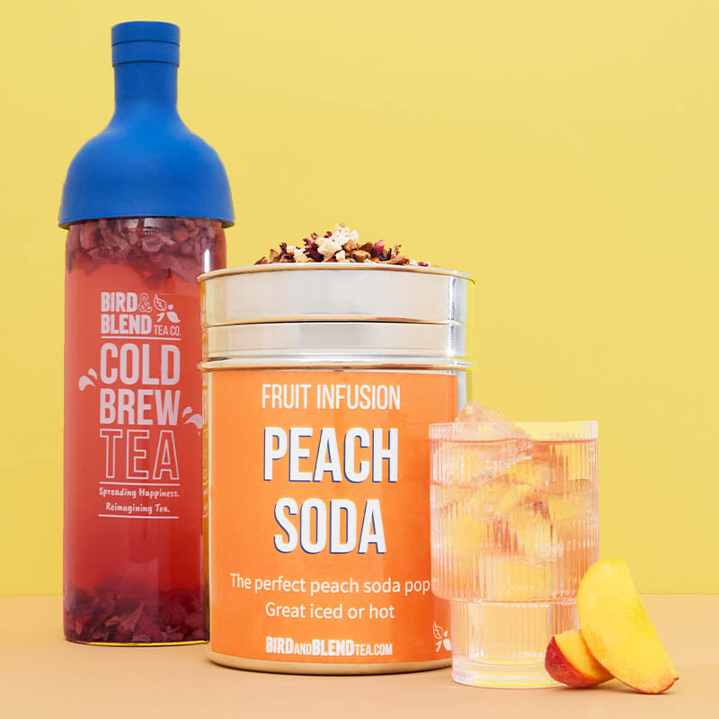 peach soda iced tea with tea tin and cold brew bottle