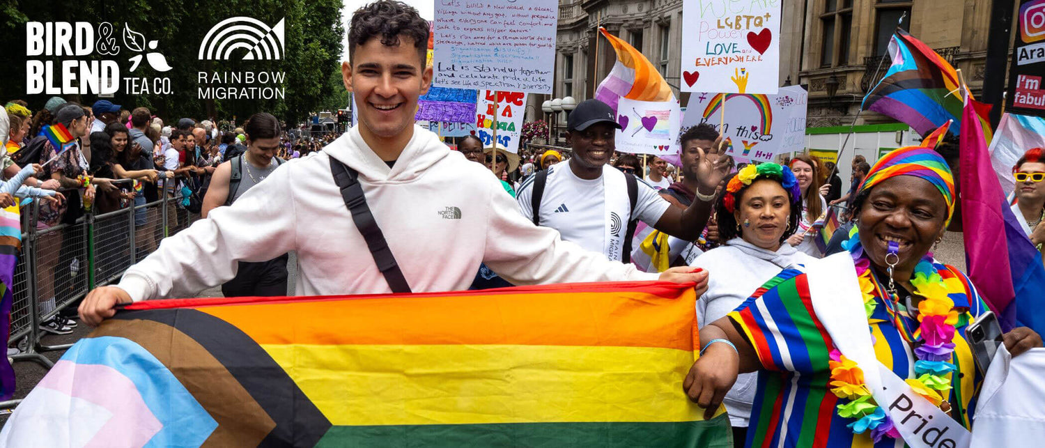 rainbow migration march with all lgbt flags and people marching