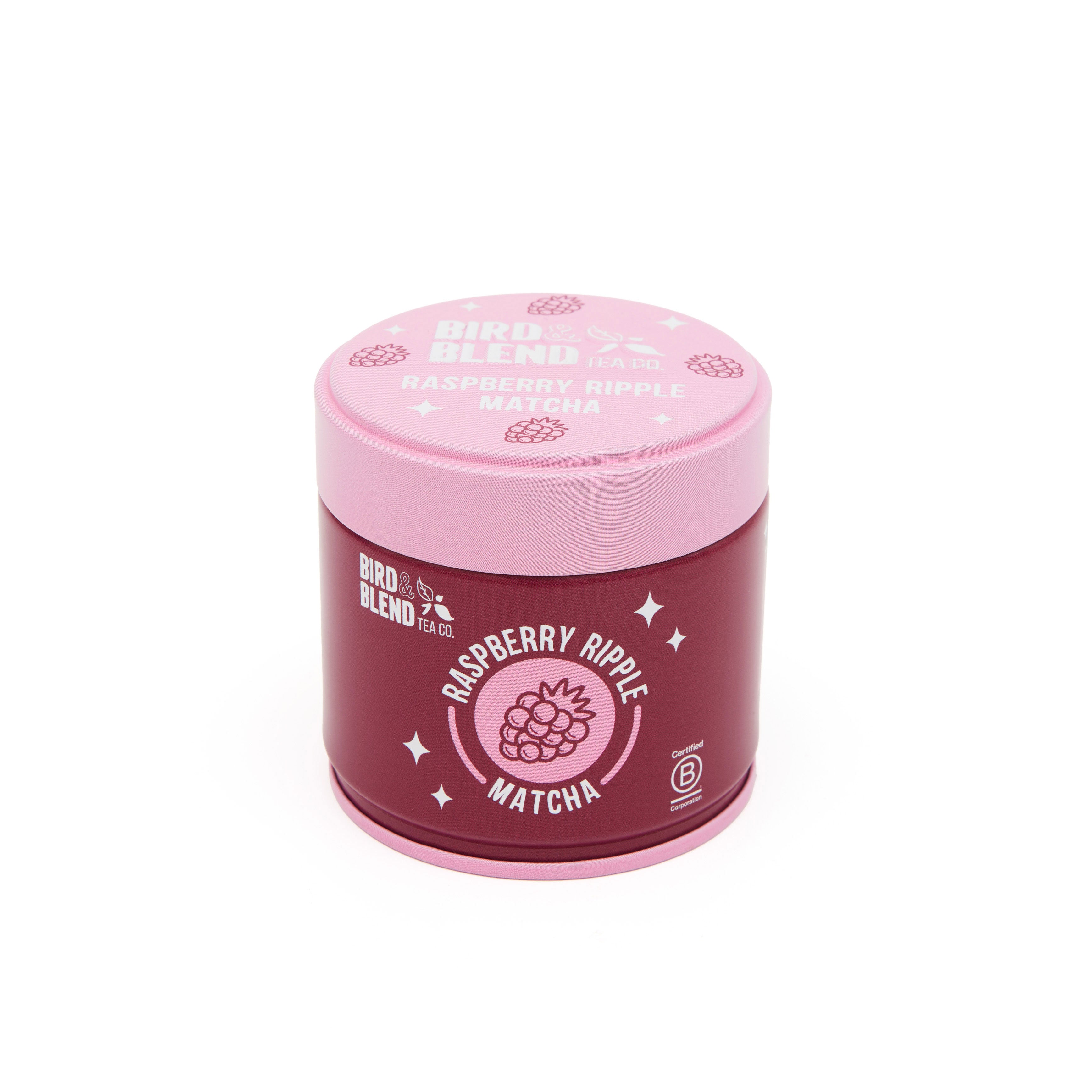 raspberry ripple matcha tin