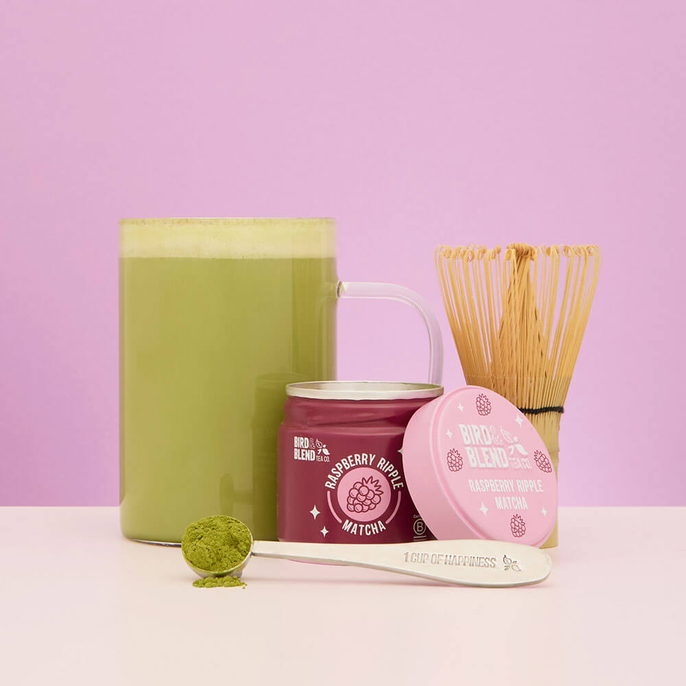 raspberry ripple matcha with latte and matcha whisking tools