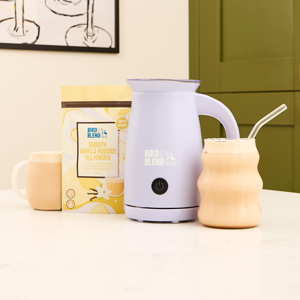 Smooth Vanilla Rooibos Tea Powder pouch hot & cold drink & soft lilac magic latte magic whisk