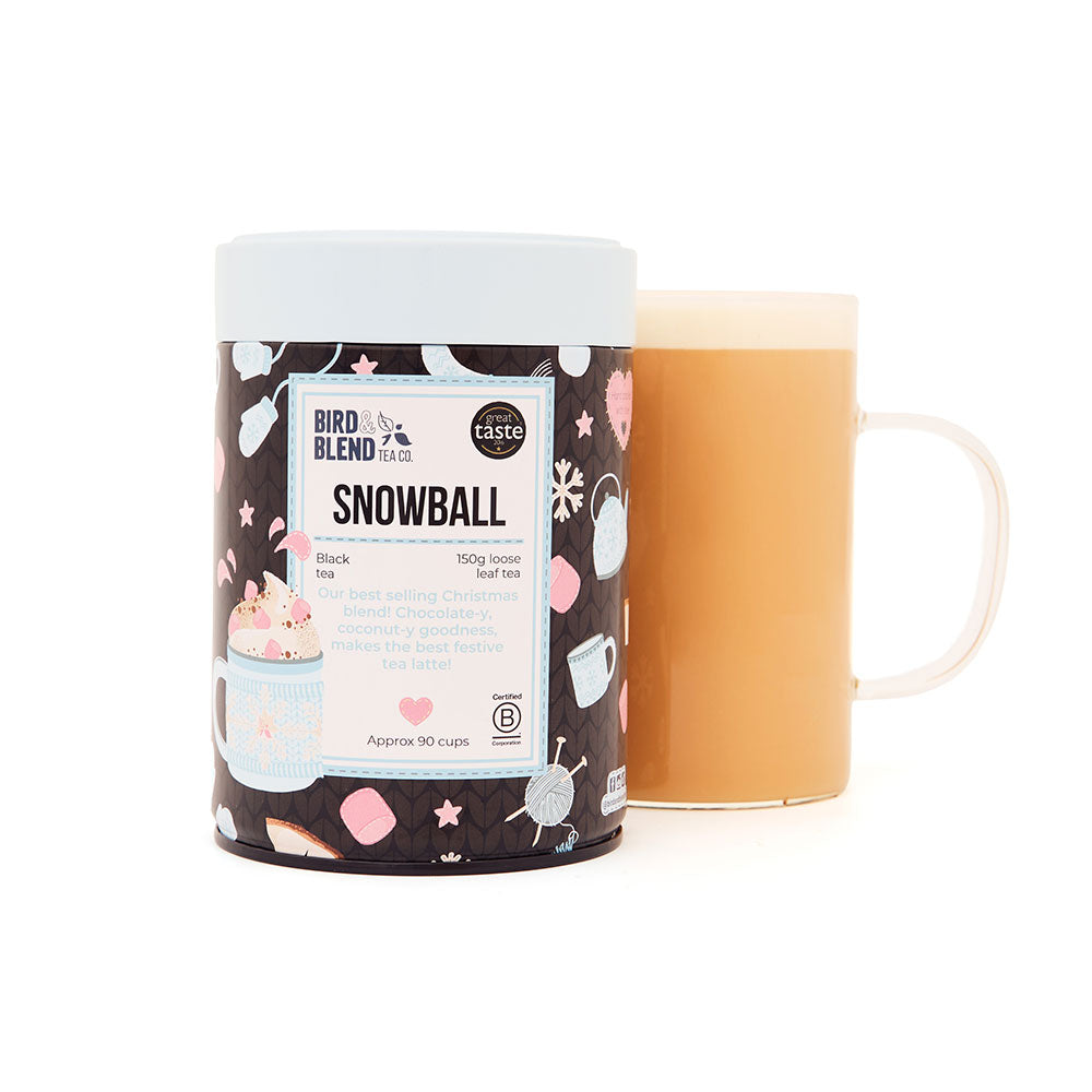 snowball limited edition 150g tea tin with hot tea