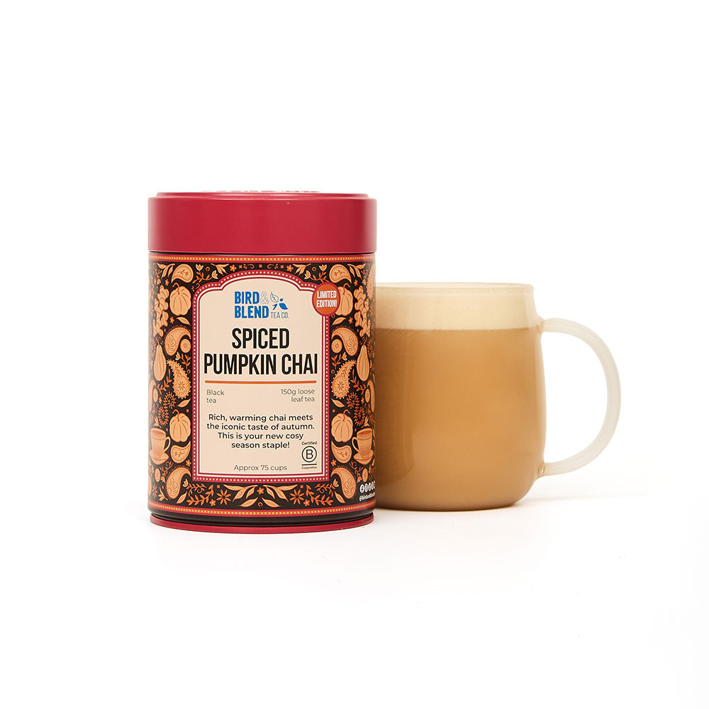 spiced pumpkin chai 150g tea tin & hot chai latte