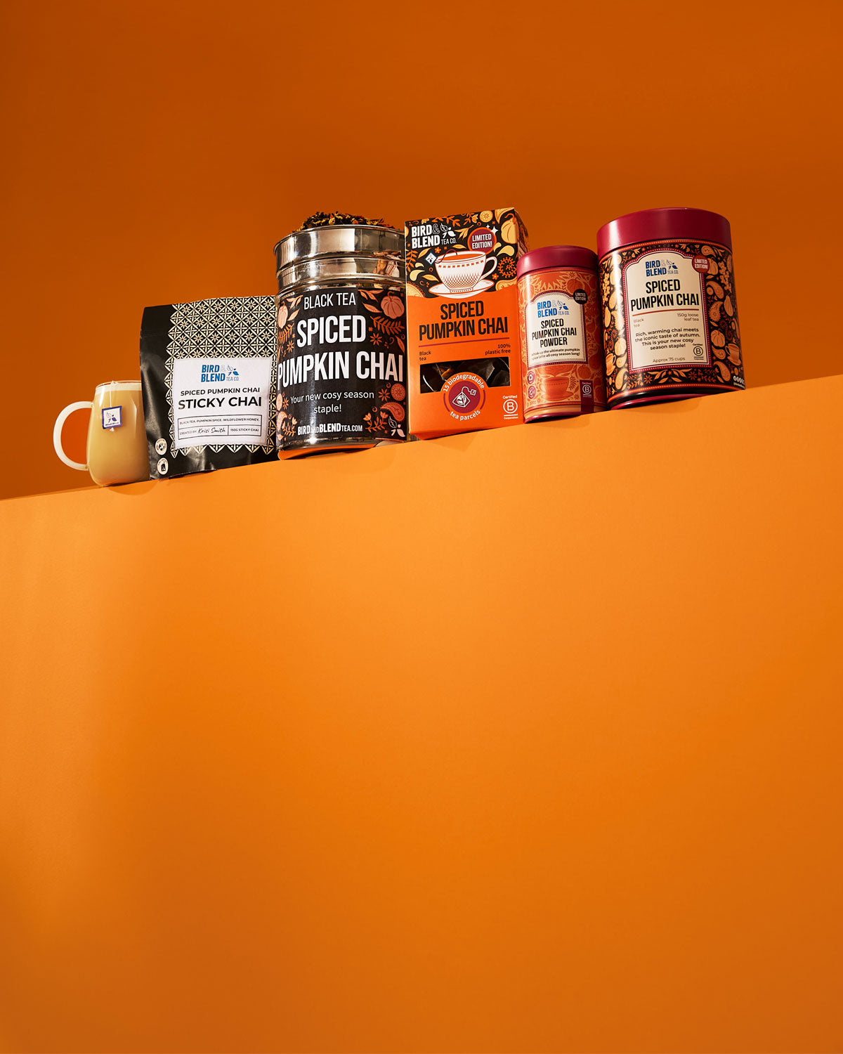 spiced pumpkin chai full collection with sticky chai & tea bag gift box & loose leaf 150 gift tin & tea powder & hot pumpkin spiced chai latte