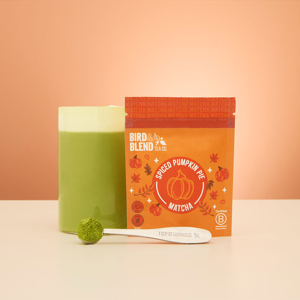 spiced pumpkin pie matcha hot with perfect tea spoon