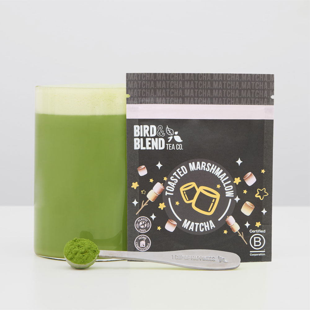 toasted marshmallow matcha pouch hot matcha with perfect matcha spoon