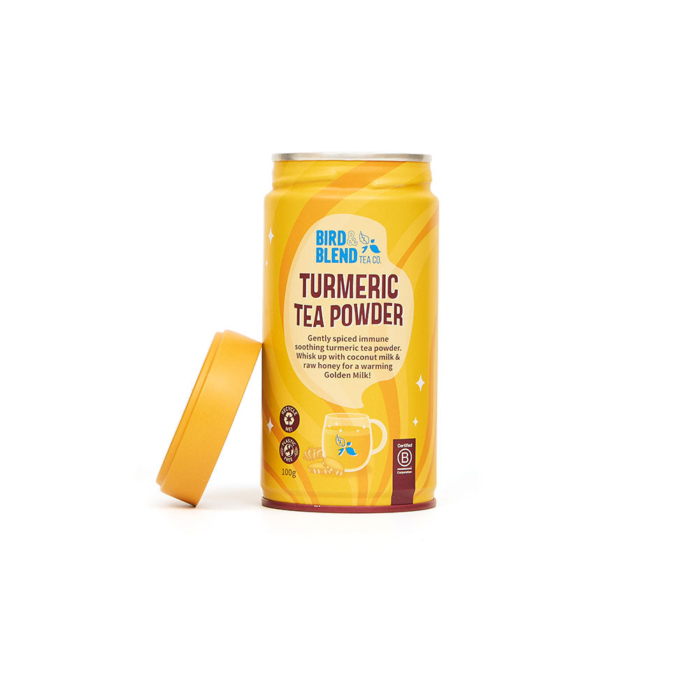 turmeric tea powder tin open