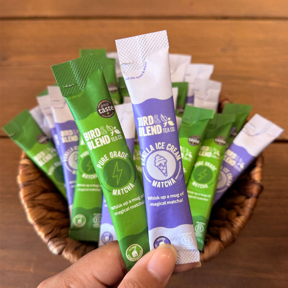 Vanilla ice cream matcha samples & ceremonial pure grade matcha sample sachets in bowl & hand