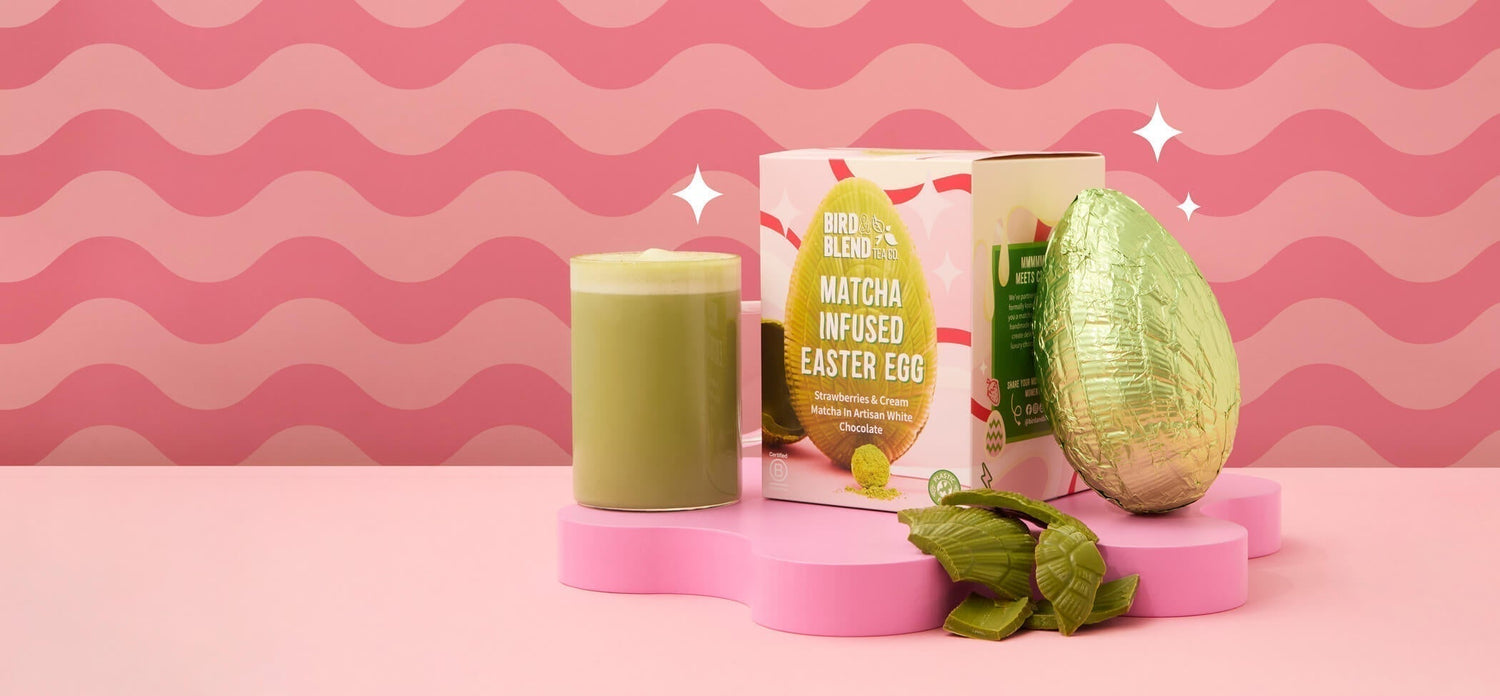 Strawberries and cream matcha tea latte and strawberries and cream infused matcha tea infused white chocolate easter egg