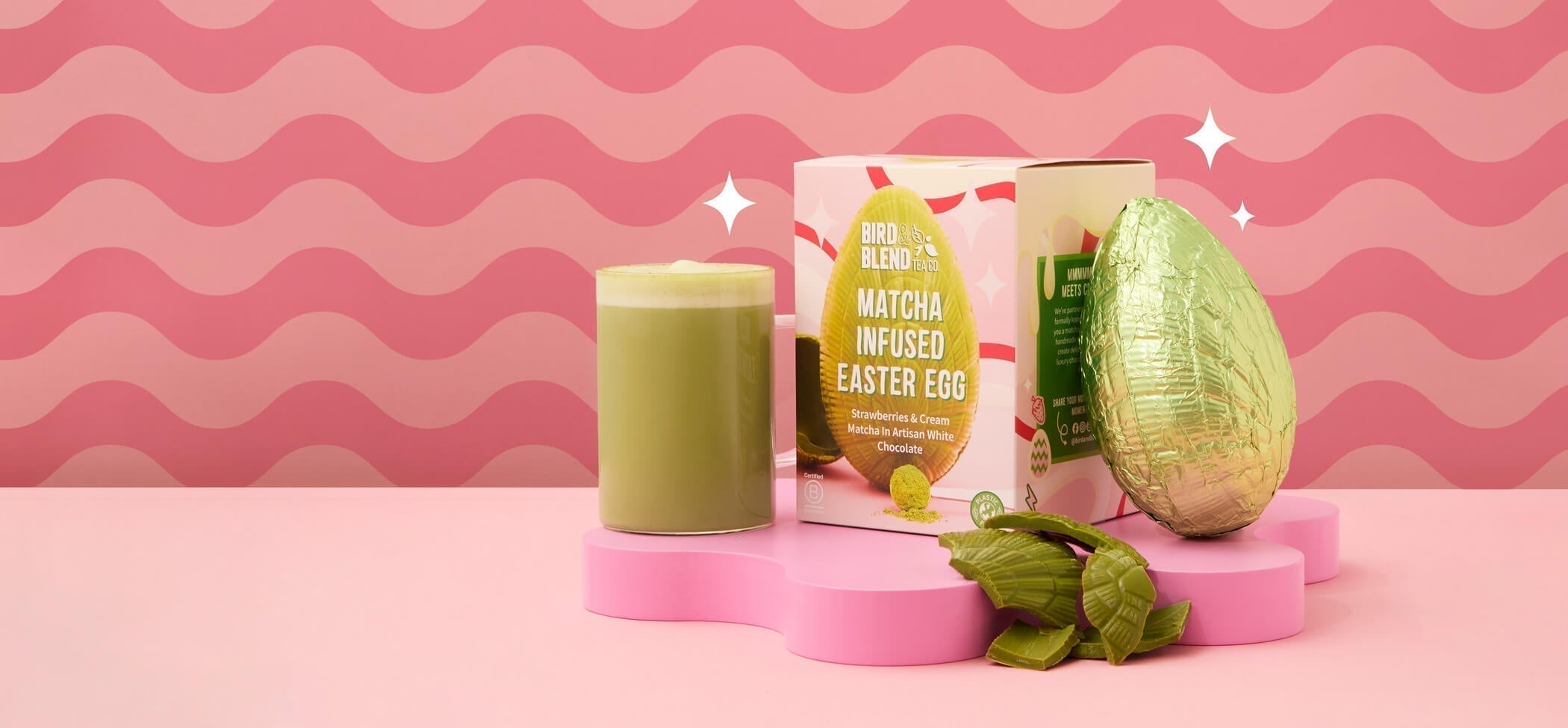 Strawberries and cream matcha tea latte and strawberries and cream infused matcha tea infused white chocolate easter egg