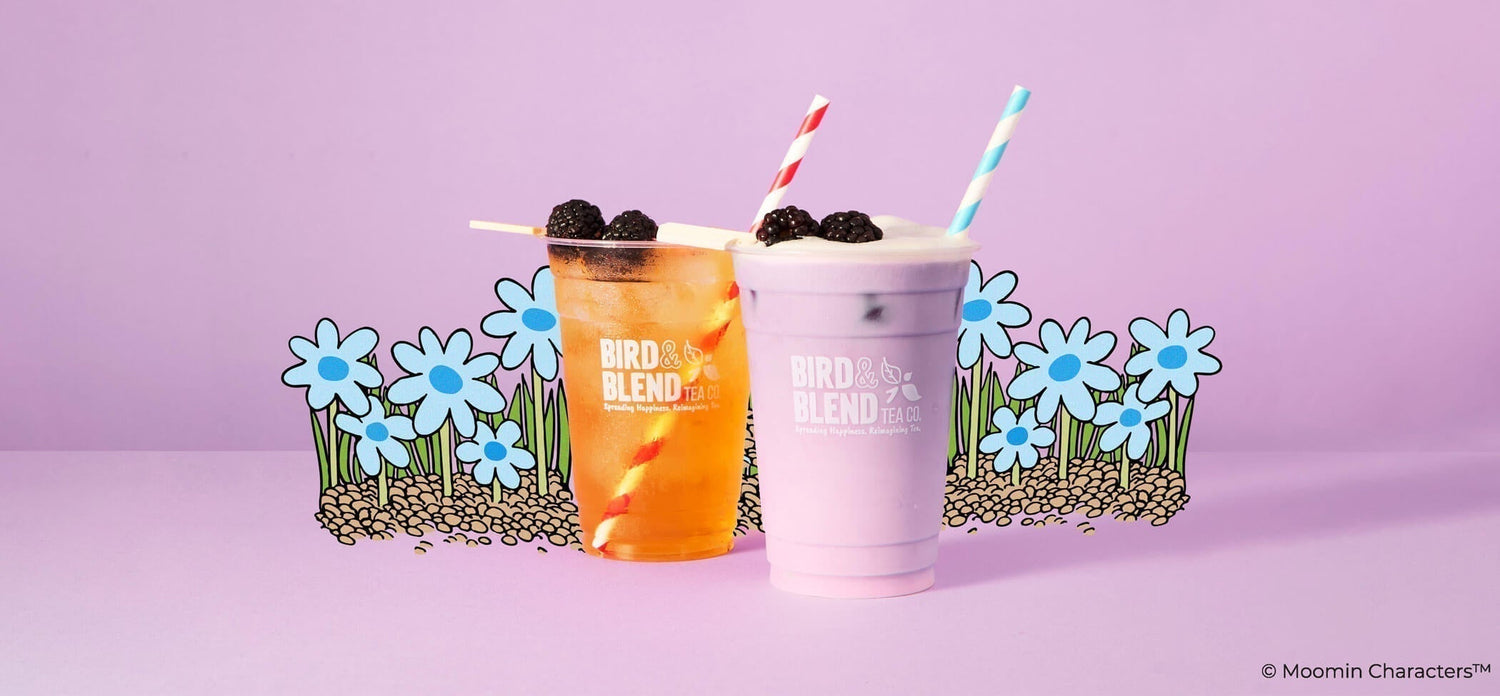 moomins drinks specials moomin berry basket matcha latte and moomins cosy comforts iced tea and blue and red striped straws