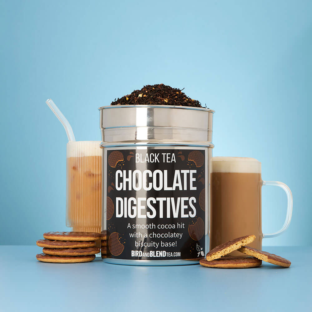 Chocolate digestives biscuit hot &amp; iced tea latte &amp; custom tea tin with loose leaf tea &amp; chocolate digestives