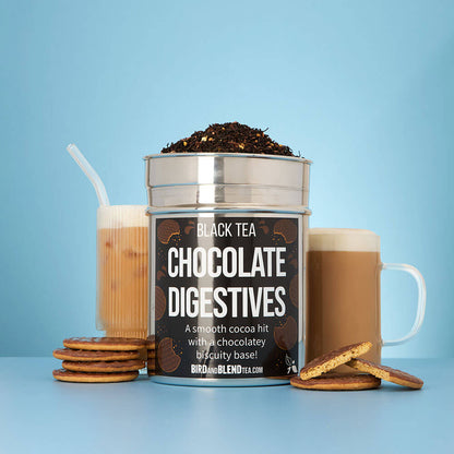 Chocolate digestives biscuit hot &amp; iced tea latte &amp; custom tea tin with loose leaf tea &amp; chocolate digestives