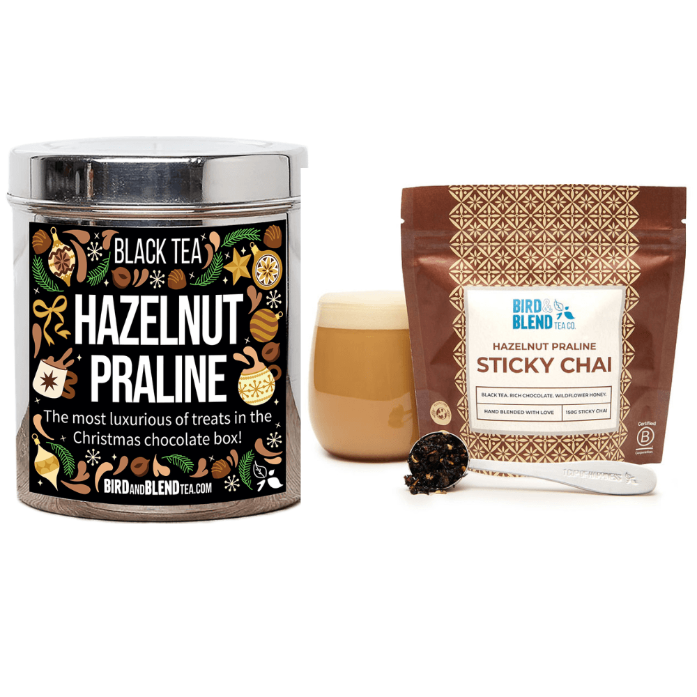 Hazelnut praline tea duo of loose leaf tea and sticky chai