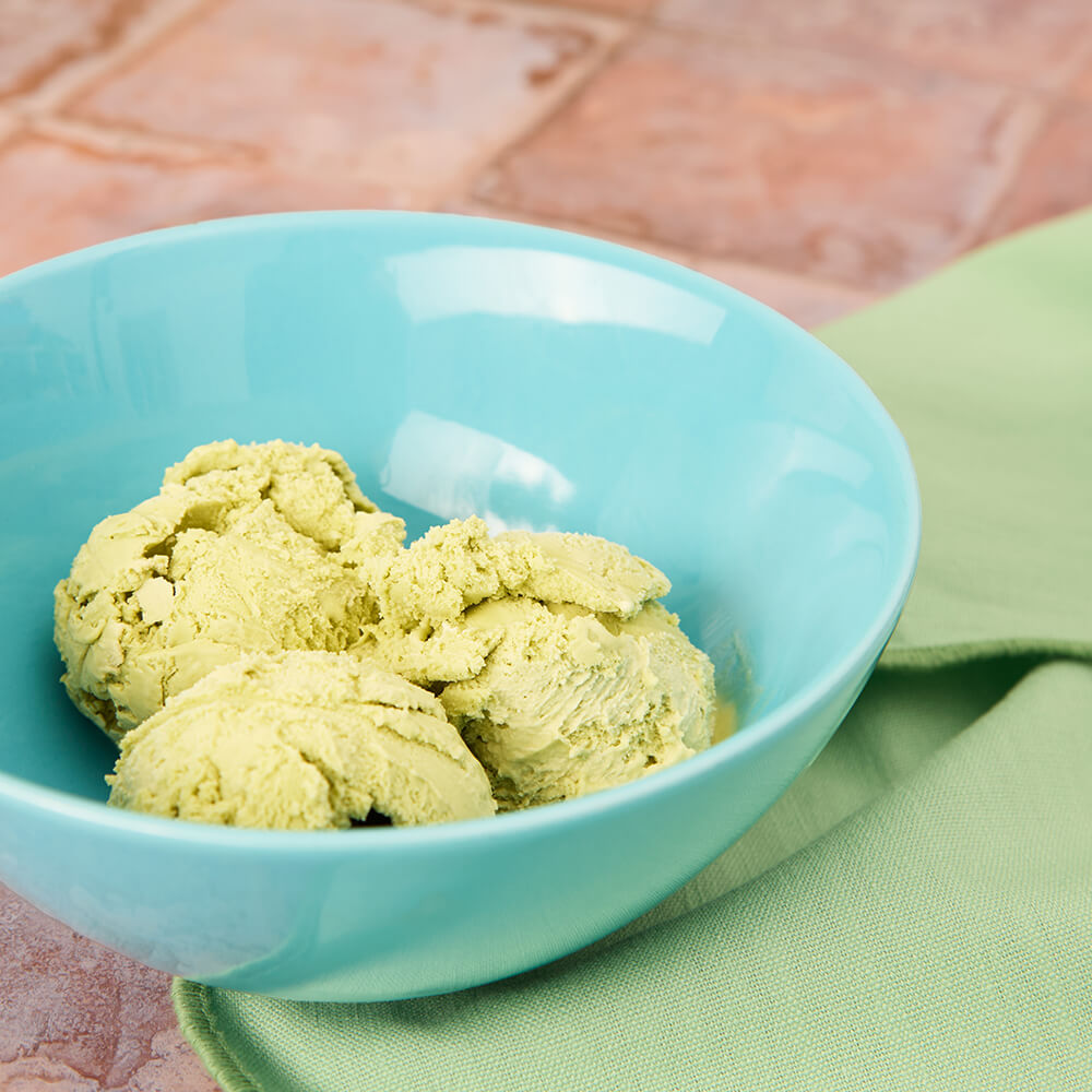 matcha tea ice cream in a blue bowl