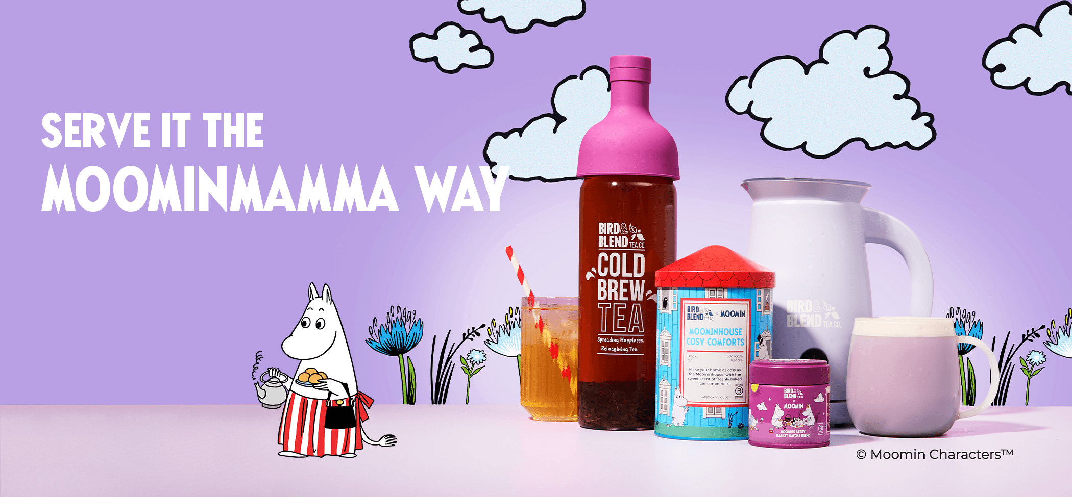 Moomin Tea & matcha collection banner showcasing new moomins berry basket matcha & moomin loose leaf black tea & plum purple cold brew tea bottle & soft lilac matcha latte magic whisk