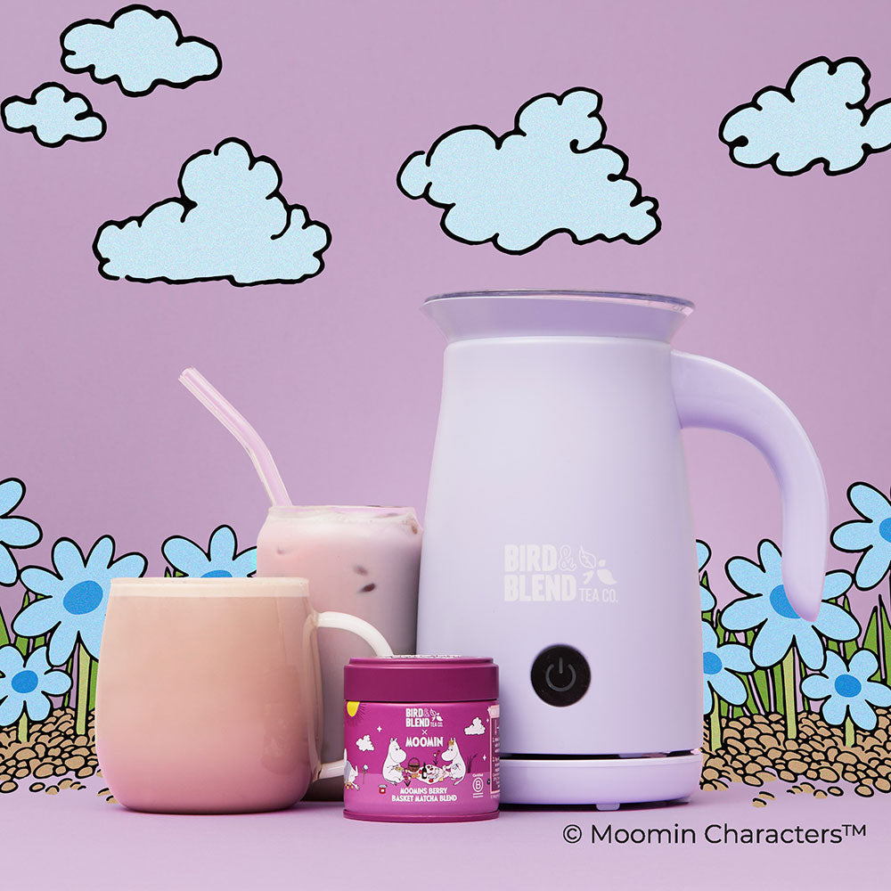 moomin lilac magic whisk &amp; hot &amp; iced matcha latte &amp; tin