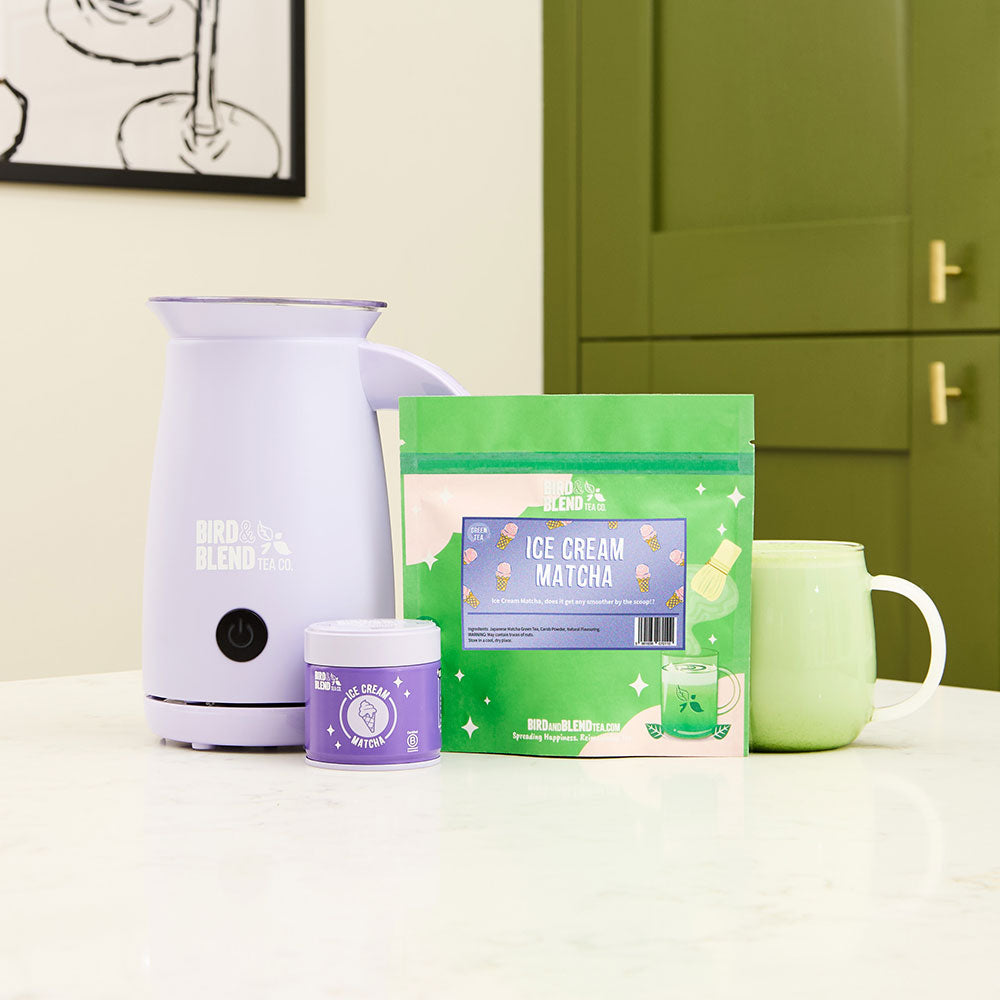 Soft Lilac Matcha Latte Magic Whisk and vanlla ice cream matcha pouch and tin