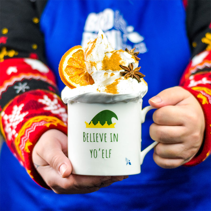 believe in yo elf christmas mug and tea latte