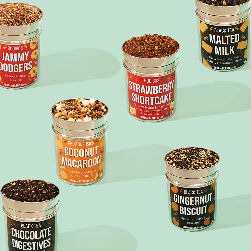 jammy dodgers loose leaf tea & coconut macaroon loose leaf tea & chocolate digestives loose leaf tea & gingernut biscuit loose leaf tea & malted milk loose leaf tea & strawberry shortcake loose leaf tea