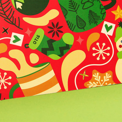 caffeine free tea advent calenda close up on otis Christmas stocking