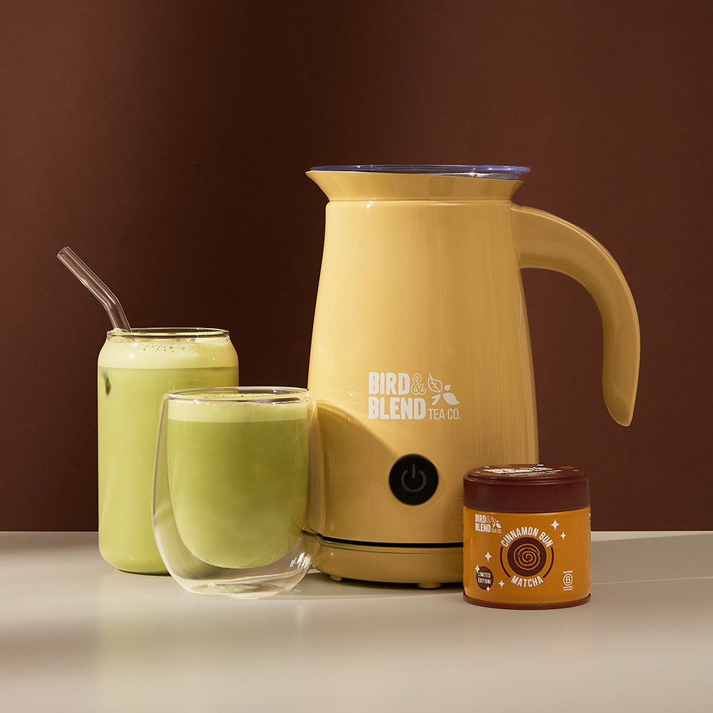 cinnamon bun matcha tin &amp; hot &amp; iced matcha latte &amp; bamboo gloss whisk