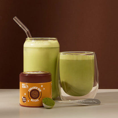 cinnamon bun matcha tin &amp; perfect tea spoon &amp; matcha hot latte
