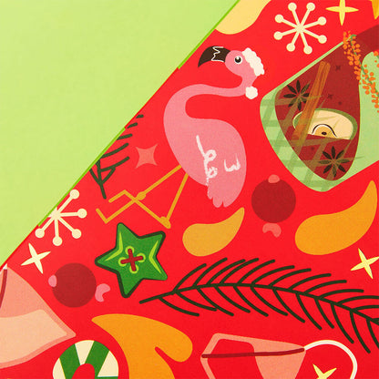 close up on caffeine free advent calendar flamingo graphic with santa hat on