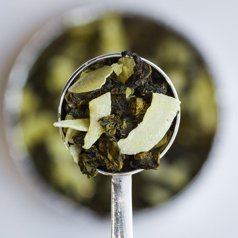 coconut milk oolong loose leaf tea in perfect tea spoon