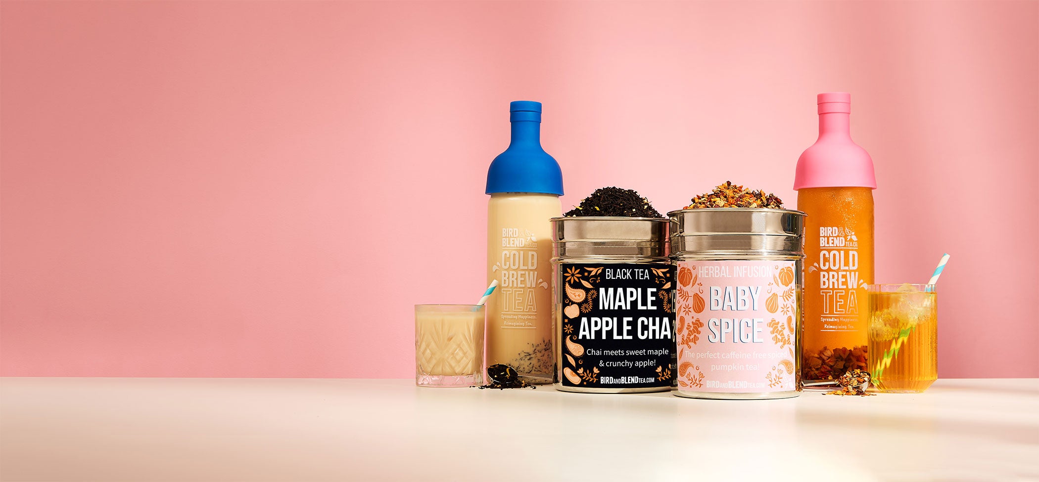 Cold Brew Tea Bottles & Maple Apple Chai Custom Tea Wall Tin & Baby Spice Custom Tea Wall Tin & Drinks Desktop