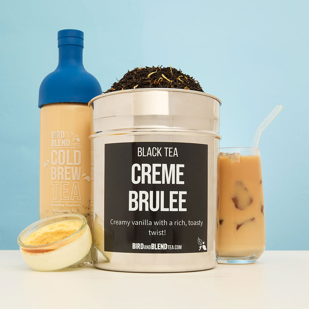 creme brulee custom tea tin and cold brew bottle and iced creme brulee latte