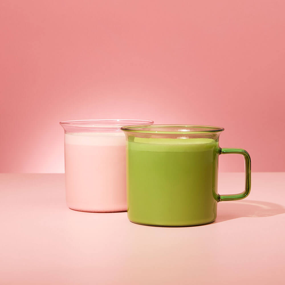 green and pink matcha glass tea mugs