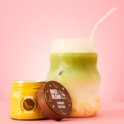 iced banana matcha &amp; matcha tin