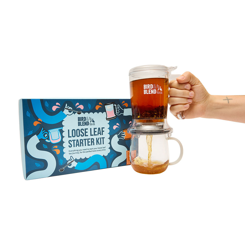 loose leaf starter kit box and brewdini steeping tea into a mug