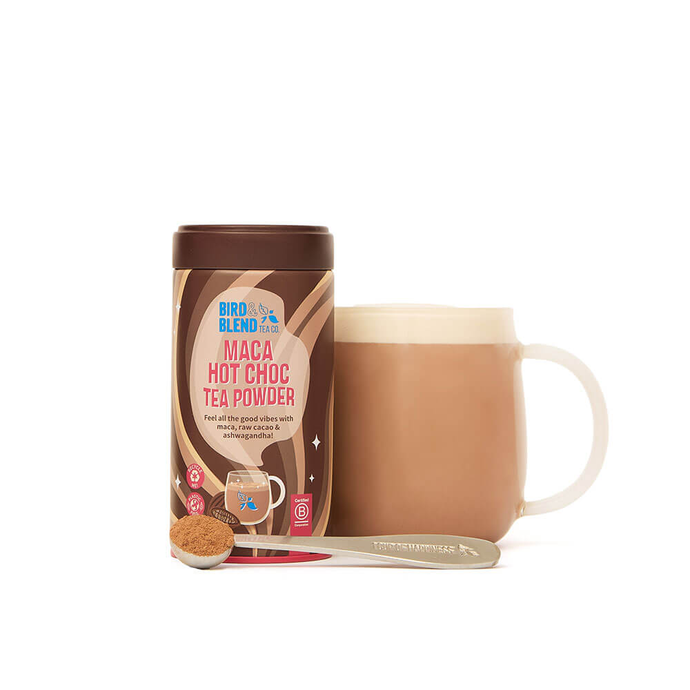 maca hot choc tea powder tin &amp; hot tea powder latte