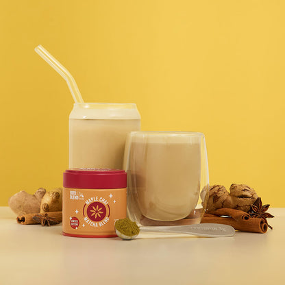 maple chai matcha hot &amp; iced matcha &amp; latte &amp; tin &amp; perfect tea spoon filled with matcha powder with chai spices